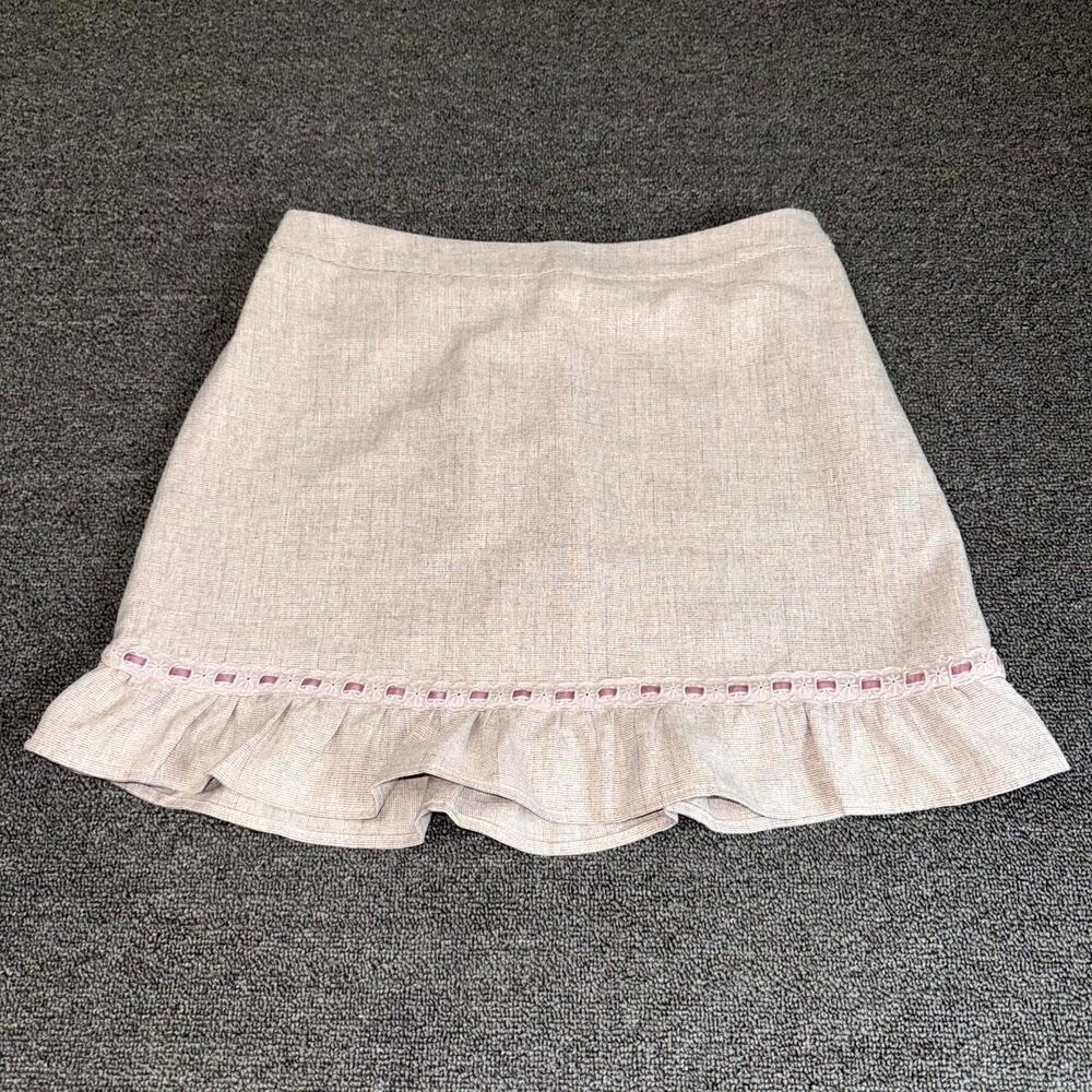 Kirious Los Angeles Mini Skirt Women Large Beige Ruffle Hem Ribbon Trim Coquette